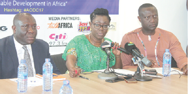 Mrs Ursula Owusu-Ekuful (middle) launching the AODC 2017. With her are Messrs Vincent Sowah Odotei (left) and Jeffrey Konadu Addo Mrs Ursula Owusu-Ekuful (middle) launching the AODC 2017. With her are Messrs Vincent Sowah Odotei (left) and Jeffrey Konadu Addo