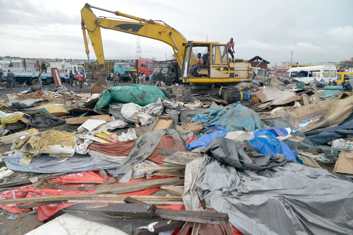 Structures along the Korle Lagoon ecological project being demolished by the Accra Metropolitan Assembly Structures along the Korle Lagoon ecological project being demolished by the Accra Metropolitan Assembly