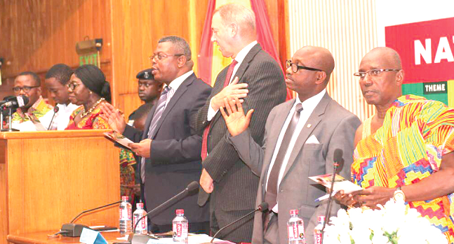 Madam Frema Osei-Opare, the Chief of Staff (3rd left), leading other dignitaries to pledge their support in ending child labour. Picture: NII MARTEY M. BOTCHWAY Madam Frema Osei-Opare, the Chief of Staff (3rd left), leading other dignitaries to pledge their support in ending child labour. Picture: NII MARTEY M. BOTCHWAY