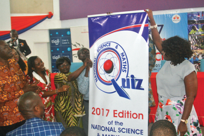 •Mr Andrews Kwabena Quaning launching the 2017 edition of the National Science and Maths Quiz, Looking on is Mr Kwaku Mensah Bonsu (left) and Dr Elsie Effah Kaufmann (2nd Left), the Quiz Mistress. PICTURE: INNOCENT K. OWUSU. •Mr Andrews Kwabena Quaning launching the 2017 edition of the National Science and Maths Quiz, Looking on is Mr Kwaku Mensah Bonsu (left) and Dr Elsie Effah Kaufmann (2nd Left), the Quiz Mistress. PICTURE: INNOCENT K. OWUSU.