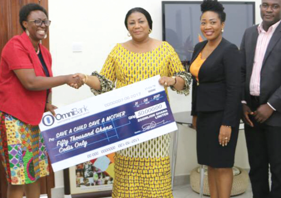 Mrs Rebecca Akufo-Addo (middle) receiving the dummy cheque from Mrs Sophia Lissah (right) Mrs Rebecca Akufo-Addo (middle) receiving the dummy cheque from Mrs Sophia Lissah (right)