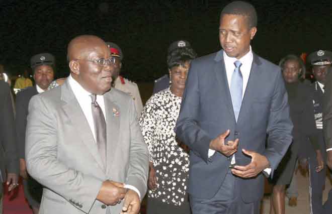 President Edgar Chagwa Lungu (right) welcomes his Ghana counterpart Nana Addo Dankwa Akufo-Addo at Kenneth Kaunda International Airport in Lusaka on Monday,June 26,2017. PICTURE BY SALIM HENRY/STATE HOUSE (ZAMBIA). President Edgar Chagwa Lungu (right) welcomes his Ghana counterpart Nana Addo Dankwa Akufo-Addo at Kenneth Kaunda International Airport in Lusaka on Monday,June 26,2017. PICTURE BY SALIM HENRY/STATE HOUSE (ZAMBIA).