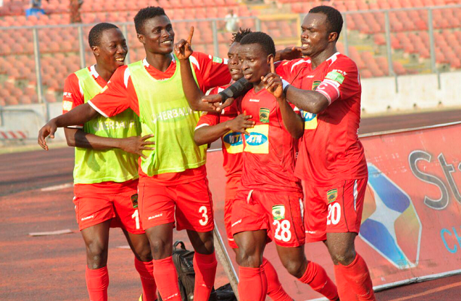 Frank Sarfo Gyamfi (with hands raised) celebrates his winning goal with teammates. Picture: Emmanuel Baah Frank Sarfo Gyamfi (with hands raised) celebrates his winning goal with teammates. Picture: Emmanuel Baah