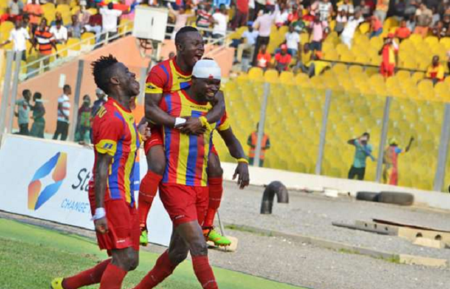 Players of Hearts join Vincent Atinga (with bandaged head) to celebrate their lone goal. Picture: EMMANUEL QUAYE Players of Hearts join Vincent Atinga (with bandaged head) to celebrate their lone goal. Picture: EMMANUEL QUAYE