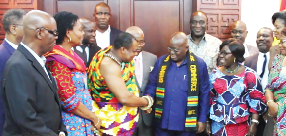 Nana Appiagyei Dankawoso I exchanging pleasantaries with President Akufo-Addo. Looking on are government officials and members of the Chamber Nana Appiagyei Dankawoso I exchanging pleasantaries with President Akufo-Addo. Looking on are government officials and members of the Chamber