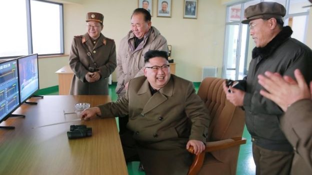Pictures released by North Korea's state news agency show Kim Jong-un at the engine test Pictures released by North Korea's state news agency show Kim Jong-un at the engine test