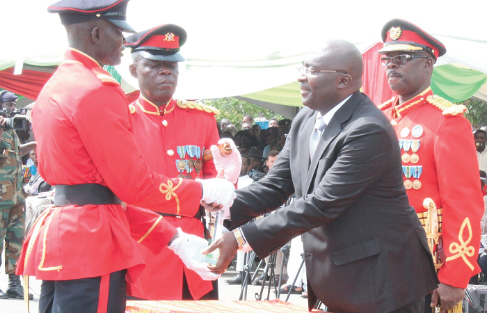  Vice-President Dr Mahamudu Bawumia rewarding JUO Teng Yenbil Bernard as the All-Round Best Cadet Officer for 2017. Pictures: BENEDICT OBUOBI