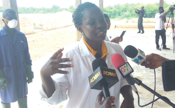 Mrs Martha Annan, running journalists though some of the processes fecal sludge undergo before its turned into fertilizer