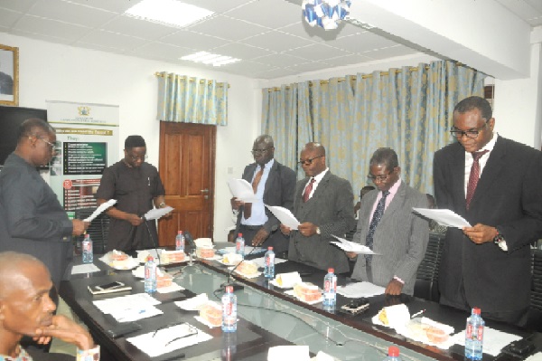 Mr John Peter Amewu (2nd left), Minister of Lands and Natural Resources, and some members of the newly constituted audit committee of the ministry taking their oath at the inaugural ceremony in Accra. Picture: GABRIEL AHIABOR Mr John Peter Amewu (2nd left), Minister of Lands and Natural Resources, and some members of the newly constituted audit committee of the ministry taking their oath at the inaugural ceremony in Accra. Picture: GABRIEL AHIABOR