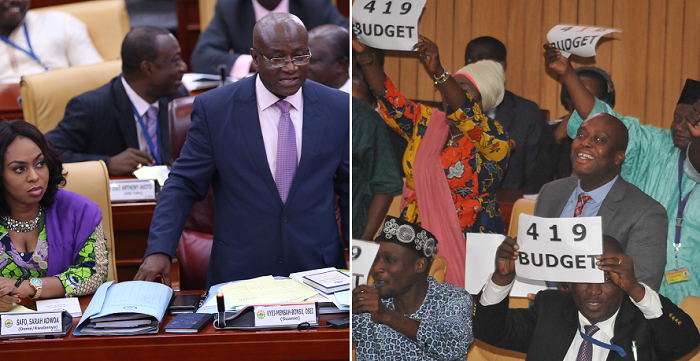 Left: Majority MPs including the leadership at the budget hearing. Picture: EMMANUEL ASAMOAH ADDAI Right: Some Minority MPs showing their placards during yesterday’s budget presentation. Picture: EBOW HANSON Left: Majority MPs including the leadership at the budget hearing. Picture: EMMANUEL ASAMOAH ADDAI Right: Some Minority MPs showing their placards during yesterday’s budget presentation. Picture: EBOW HANSON