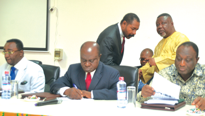 Mr Kyerematen (right), Professor George Gyan-Baffour (middle) and Dr Afriyie Akoto, during the forum. Behind them are Nana Osei Bonsu (left), Chief Executive Officer of PEF and Dr Samuel Nii-Noi Ashong a Member of PEF Mr Kyerematen (right), Professor George Gyan-Baffour (middle) and Dr Afriyie Akoto, during the forum. Behind them are Nana Osei Bonsu (left), Chief Executive Officer of PEF and Dr Samuel Nii-Noi Ashong a Member of PEF