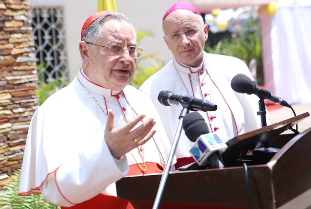 Archbishop Jean Marie Speich (left), the Apostolic Nuncio, with H.E. Cardinal Giuseppe Bertello after the press conference. Picture: ASAMOAH