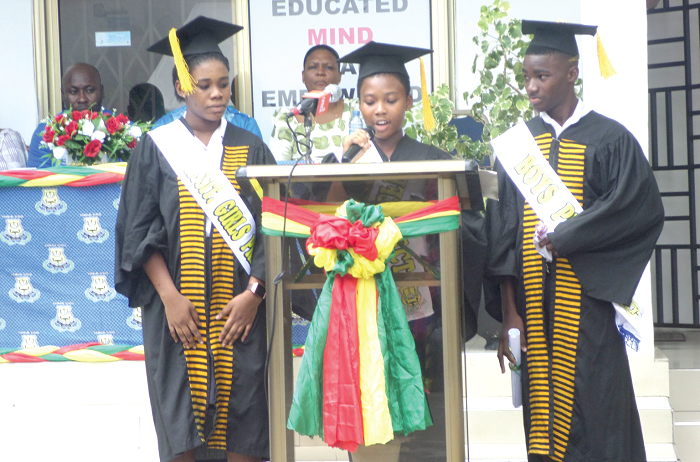The outgoing prefect, Maame Serwaa Kessie reading her speech at the graduation ceremony. The outgoing prefect, Maame Serwaa Kessie reading her speech at the graduation ceremony.