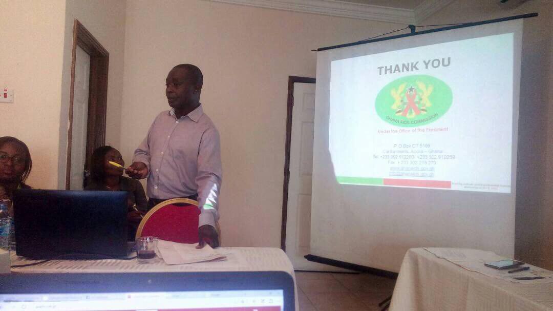 The acting Director of Technical Services at the Ghana AIDS Commission, Mr Cosmos Ohene-Adjei making a presentation at the workshop The acting Director of Technical Services at the Ghana AIDS Commission, Mr Cosmos Ohene-Adjei making a presentation at the workshop