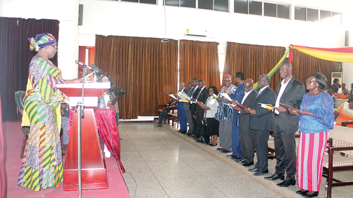Hajia Alima Mahama (left), Minister of Local Government and Rural Development, swearing in the members of the Institute of Local Government Council. Picture: MAXWELL OCLOO Hajia Alima Mahama (left), Minister of Local Government and Rural Development, swearing in the members of the Institute of Local Government Council. Picture: MAXWELL OCLOO