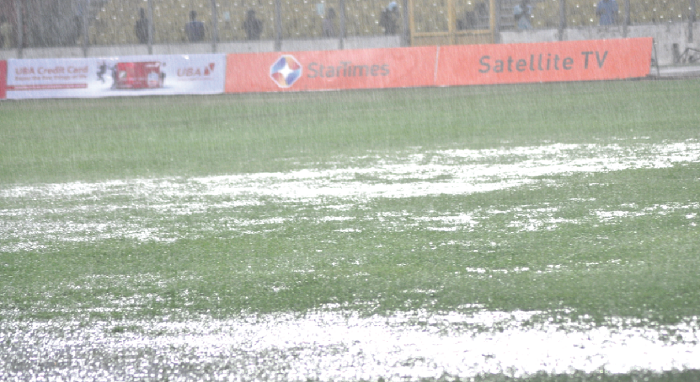 • The heavy downpour rendered the Baba Yara Stadium pitch waterlogged and unfit for the match to continue. Picture: EMMANUEL BAAH • The heavy downpour rendered the Baba Yara Stadium pitch waterlogged and unfit for the match to continue. Picture: EMMANUEL BAAH