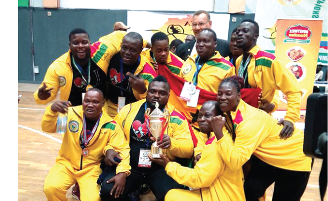 • Jubilant Golden Arms displaying their medals and silver trophy won in Lagos • Jubilant Golden Arms displaying their medals and silver trophy won in Lagos