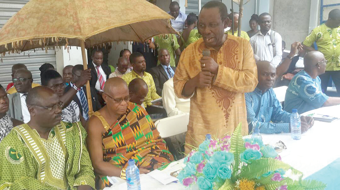 Dr Nana Akowuah Boamah, Board Chairman of Otuasekan Rural Bank, addressing the gathering. Looking on are a board member and Nana Yaw Daani, Otumfuo Asuamehene. Dr Nana Akowuah Boamah, Board Chairman of Otuasekan Rural Bank, addressing the gathering. Looking on are a board member and Nana Yaw Daani, Otumfuo Asuamehene.