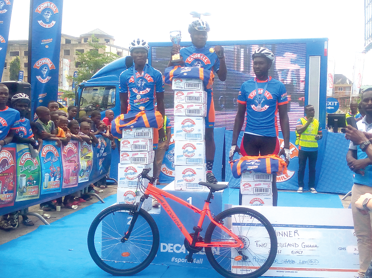 Frank Akuffo (middle) shows off his trophy and medal as second-placed Isaac Sackey and third-placed Emmanuel Sackey look on Frank Akuffo (middle) shows off his trophy and medal as second-placed Isaac Sackey and third-placed Emmanuel Sackey look on