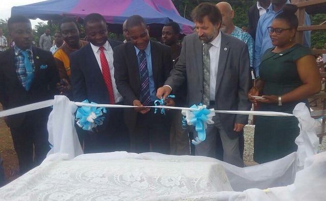 Prof Harrison Dapaah, Vice Chancellor of UENR (middle), being assisted by Mr Richard Ullman of the US National Oceanic and Atmospheric Administration (NOAA) (2nd right) to inaugurate the facility Prof Harrison Dapaah, Vice Chancellor of UENR (middle), being assisted by Mr Richard Ullman of the US National Oceanic and Atmospheric Administration (NOAA) (2nd right) to inaugurate the facility
