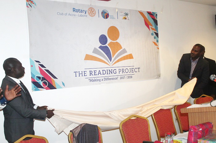 Mr Franklin Sowah, Director for Sales &amp; Marketing, Graphic Communications Limited launching the Graphic/Rotary Club, Labone Reading Project during the ceremony. Picture: EDNA ADU-SERWAA