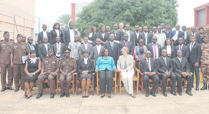 (SEATED) Mrs Theodora Georgina Wood (middle), Mrs Yvonne Attakorah Obuobisa (4th left), Director of Public Prosecutions, Attorney-General, Ms Margit Thomsen (4th right), the Danish Ambassador to Ghana, and other officials with participants in the programme held at the Nsawam Prison (SEATED) Mrs Theodora Georgina Wood (middle), Mrs Yvonne Attakorah Obuobisa (4th left), Director of Public Prosecutions, Attorney-General, Ms Margit Thomsen (4th right), the Danish Ambassador to Ghana, and other officials with participants in the programme held at the Nsawam Prison