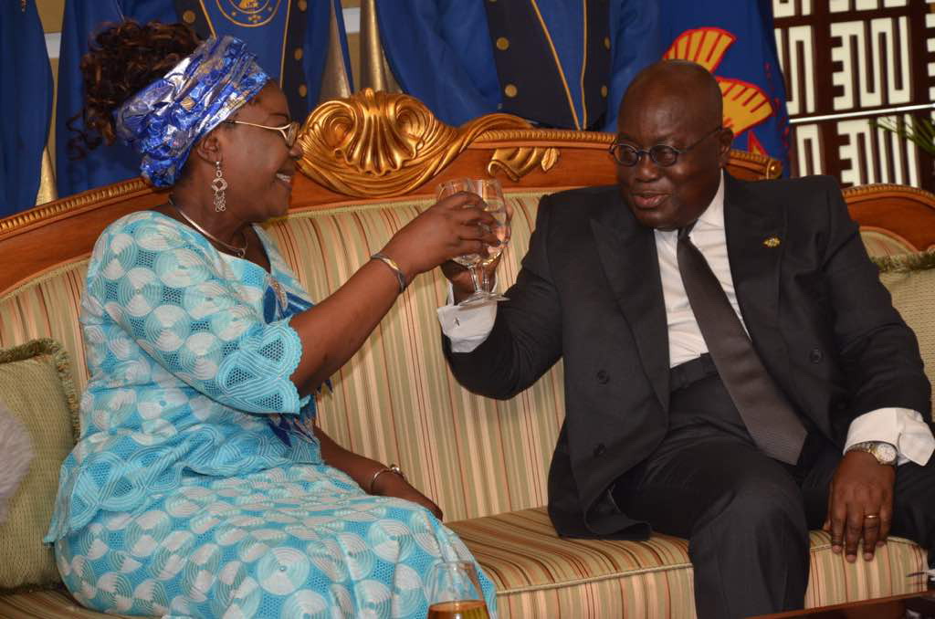 President Akufo-Addo in a toast with Mrs Martine Francoise Dossa (left), the Ambassador of Benin to Ghana President Akufo-Addo in a toast with Mrs Martine Francoise Dossa (left), the Ambassador of Benin to Ghana
