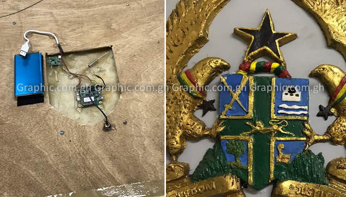 The recording camera which was hidden behind the coat of arms