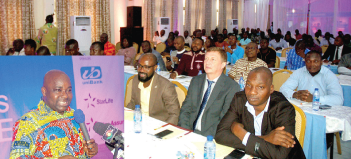 INSET: Michael Okyere Baafi, the Executive Secretary of the Ghana Free Zone Board, addressing participants at the conference hall. Picture: Seth Takyi Boateng INSET: Michael Okyere Baafi, the Executive Secretary of the Ghana Free Zone Board, addressing participants at the conference hall. Picture: Seth Takyi Boateng