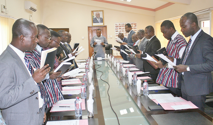 Dr Matthew Opoku Prempeh (middle) inaugurating the governing council of the University of Mines and Technology. Picture: INNOCENT K. OWUSU