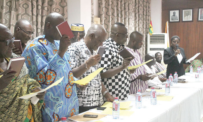 Mrs Barbara Tetteh-Charway (right), Justice of the High Court, administering the oath of office to members of the Greater Accra Regional Lands Commission during the inauguration. Picture: EDNA ADU-SERWAA Mrs Barbara Tetteh-Charway (right), Justice of the High Court, administering the oath of office to members of the Greater Accra Regional Lands Commission during the inauguration. Picture: EDNA ADU-SERWAA