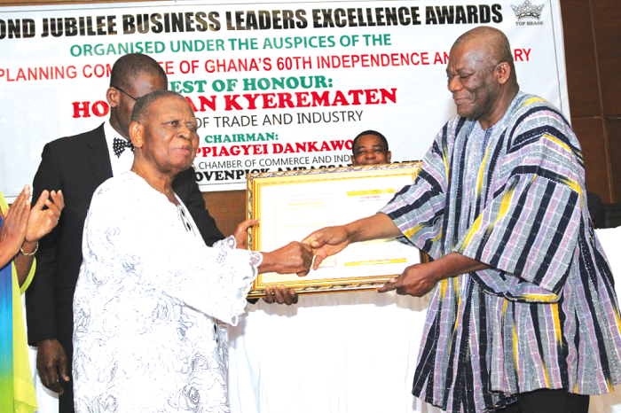 Mr Dawarnoba Baeka (right), presenting a Diamond Jubilee Award in the Financial Services category to Mr John Sackah Addo, Chairman, Prudential Bank Limited Mr Dawarnoba Baeka (right), presenting a Diamond Jubilee Award in the Financial Services category to Mr John Sackah Addo, Chairman, Prudential Bank Limited