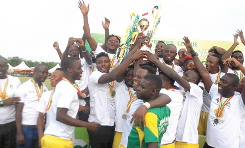 Players and officals of Aduana Stars celebrate with the GPL trophy after the coronation last sunday. Players and officals of Aduana Stars celebrate with the GPL trophy after the coronation last sunday.