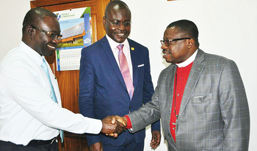 Mr Frank Kofi Nagettey, GSA Deputy Director General, Operations (left), exchanging pleasantries with Rt Rev Dr Daniel S. M. Torto (right), while Professor Alex Dodoo, looks on Mr Frank Kofi Nagettey, GSA Deputy Director General, Operations (left), exchanging pleasantries with Rt Rev Dr Daniel S. M. Torto (right), while Professor Alex Dodoo, looks on