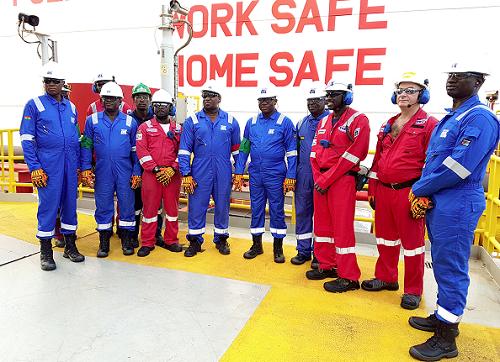 Mr Dominic Nitiwul (5th right), Gen. Obed Asamoah Akwa (4th right) and other army officers being conducted round one of the FPSOs Mr Dominic Nitiwul (5th right), Gen. Obed Asamoah Akwa (4th right) and other army officers being conducted round one of the FPSOs