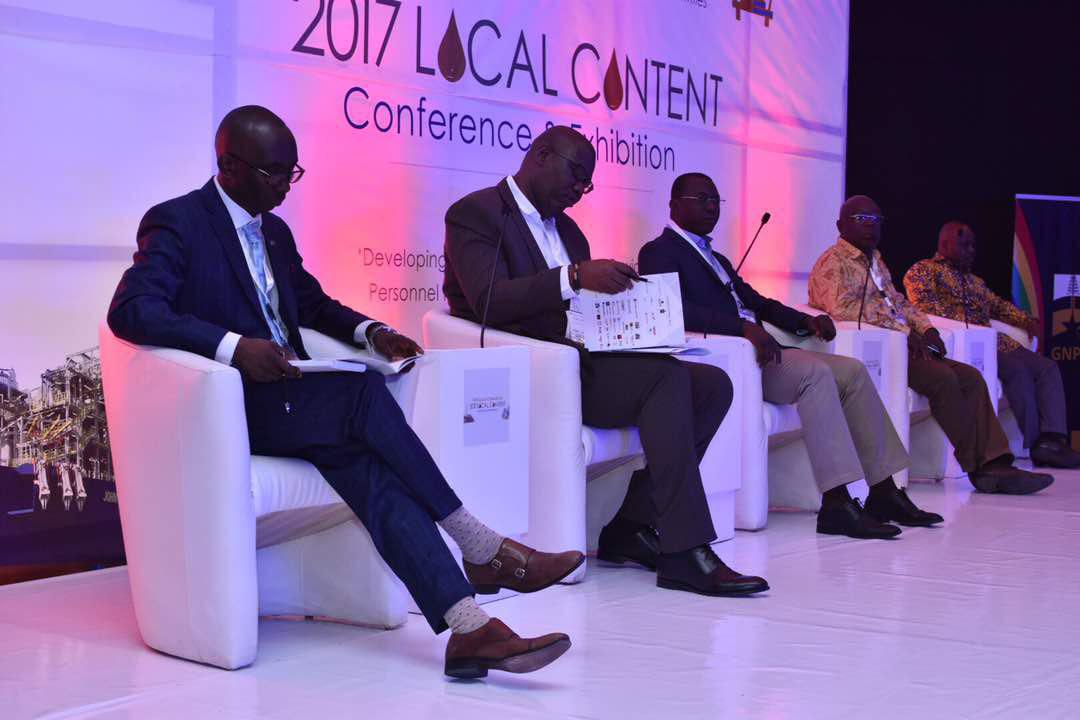 From left: Dr Baah-Nuakoh, GNPC General Manager in charge of Sustainabilty; Mr Egbert Faibile, CEO, Petroleum Commission; Dr Mohammed Amin Adam, the Deputy Minister of Energy in charge of Petroleum; Dr Kwaku Afriyie, the Western Regional Minister, and Mr Joseph Cudjoe, the Deputy Minister of Energy responsible for Finance, at the local content conference and exhibition in Takoradi