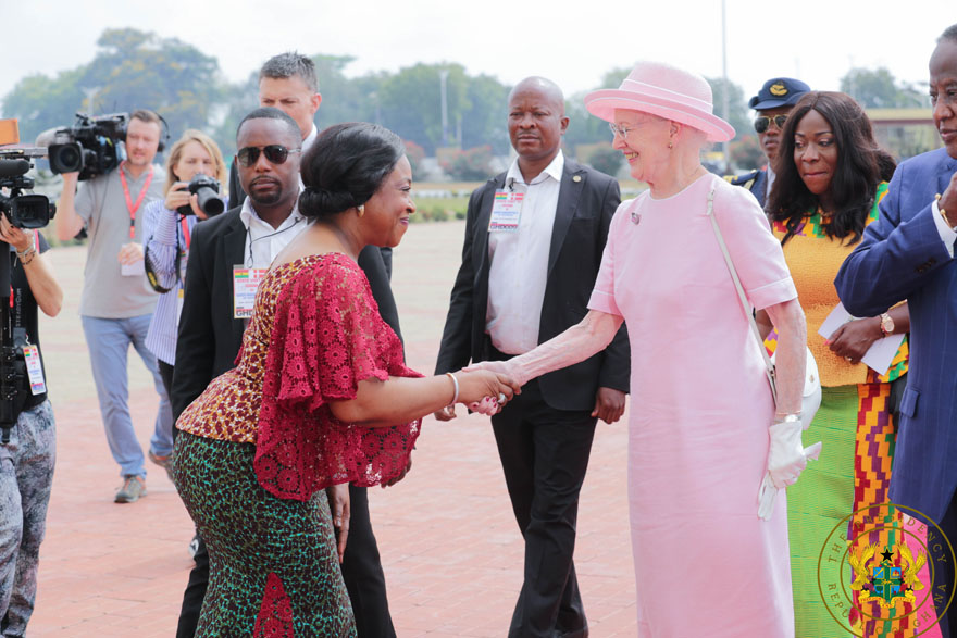 Foreign Minister, Shirley Ayorkor Botchway welcoming the Queen of Denmark to the Presidency Foreign Minister, Shirley Ayorkor Botchway welcoming the Queen of Denmark to the Presidency