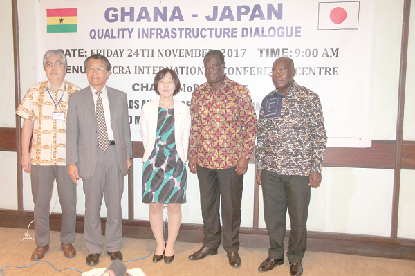 Mr Kwasi Amoako-Atta (2nd right), the Minister of Roads and Highways, Mr Kouji Tomito (2nd left), Cousular, Japan Embassy in Ghana, and some dignitaries after the dialogue. Pictures: EDNA ADU-SERWAA Mr Kwasi Amoako-Atta (2nd right), the Minister of Roads and Highways, Mr Kouji Tomito (2nd left), Cousular, Japan Embassy in Ghana, and some dignitaries after the dialogue. Pictures: EDNA ADU-SERWAA