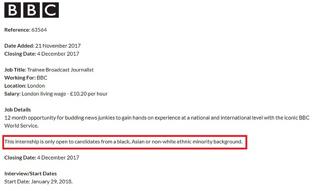 The 12-month trainee broadcast journalist post is 'only open to candidates from a black, Asian or non-white ethnic minority background', according to an advert The 12-month trainee broadcast journalist post is 'only open to candidates from a black, Asian or non-white ethnic minority background', according to an advert