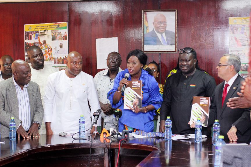 Mrs Catherine Afeku (2nd right), Minister for Tourism, Arts & Culture Creative speaking at the event. Those with her include Dr Ziblim Barri Iddi (2nd left), Deputy Minister for Tourism, Arts & Culture, Mr Sampson Kwaku Boafo (left), a Former minister of Chieftaincy & Culture and Mr Bice Osei Kuffour (right), MUSIGA President Mrs Catherine Afeku (2nd right), Minister for Tourism, Arts & Culture Creative speaking at the event. Those with her include Dr Ziblim Barri Iddi (2nd left), Deputy Minister for Tourism, Arts & Culture, Mr Sampson Kwaku Boafo (left), a Former minister of Chieftaincy & Culture and Mr Bice Osei Kuffour (right), MUSIGA President
