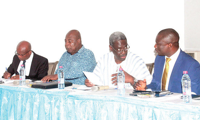 Mr Kwaku Kwarteng (right) conferring with Nana Agyekum Dwamena (2nd right), the Head of the Civil Service. Also in the photograph are Mr Ishmael Ashitey (2nd left), the Greater Accra Regional Minister, and Dr Nana Ato Arthur, the Head of Local Government Services. Picture: Maxwell Ocloo Mr Kwaku Kwarteng (right) conferring with Nana Agyekum Dwamena (2nd right), the Head of the Civil Service. Also in the photograph are Mr Ishmael Ashitey (2nd left), the Greater Accra Regional Minister, and Dr Nana Ato Arthur, the Head of Local Government Services. Picture: Maxwell Ocloo