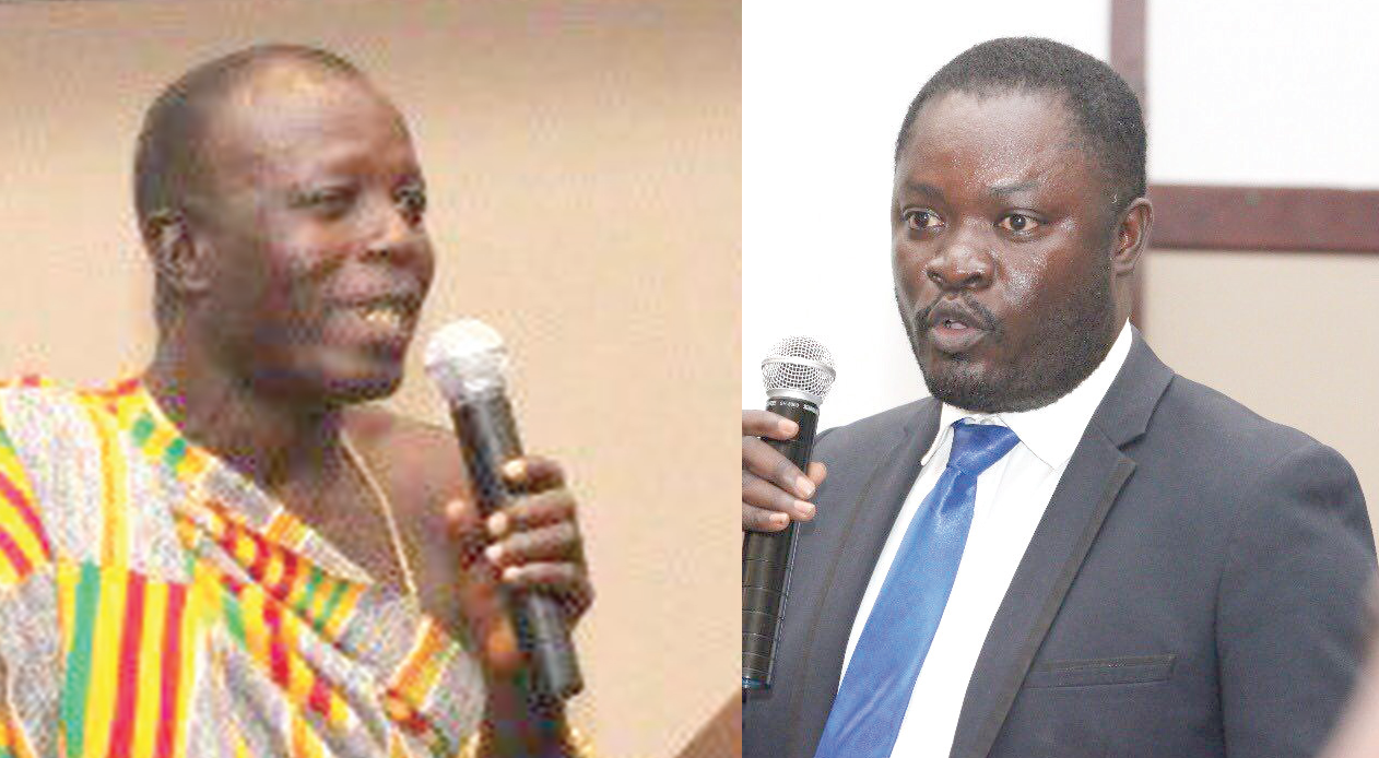 Nana Avo Blay V, Chief of Anochie (left), posing a question at the public forum and Mr Seth Boakye Owusu, Regional Head, Land Valuation Division (Lands Commission) Nana Avo Blay V, Chief of Anochie (left), posing a question at the public forum and Mr Seth Boakye Owusu, Regional Head, Land Valuation Division (Lands Commission)