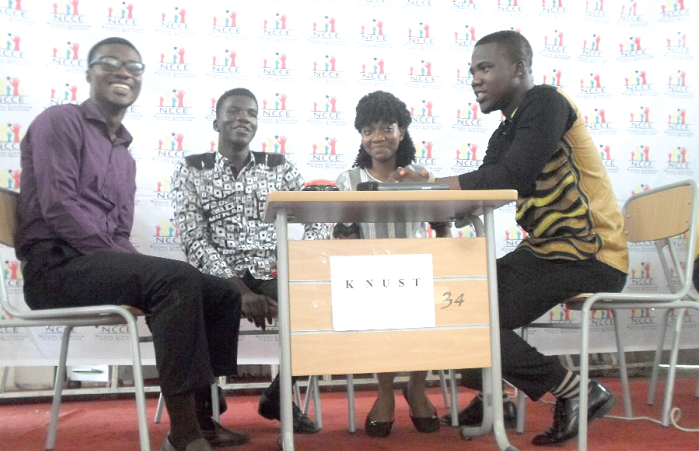 Representatives of KNUST who won the quiz. They are (from left to right): Kofi Appeakorang Twum-Ampofo, Benjamin Bentsi, Esinam Akyaa Osei-Bonsu and Jacob Johnson Attakpah Representatives of KNUST who won the quiz. They are (from left to right): Kofi Appeakorang Twum-Ampofo, Benjamin Bentsi, Esinam Akyaa Osei-Bonsu and Jacob Johnson Attakpah