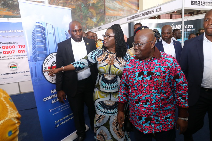 Mrs Ursula Owusu-Ekuful (3rd right), the Minister of Communications, conducting President Akufo-Addo round an exhibition after the event. Mrs Ursula Owusu-Ekuful (3rd right), the Minister of Communications, conducting President Akufo-Addo round an exhibition after the event.