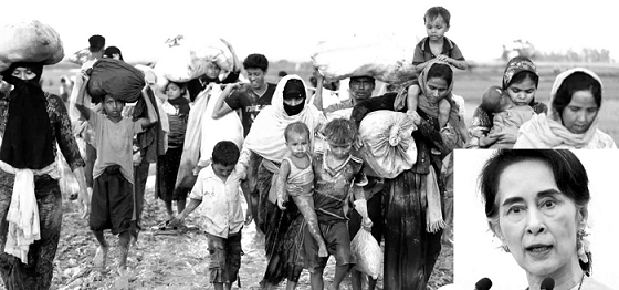 Some fleeing Rohingya refugees .Insert:Aung San Suu Kyi Some fleeing Rohingya refugees .Insert:Aung San Suu Kyi