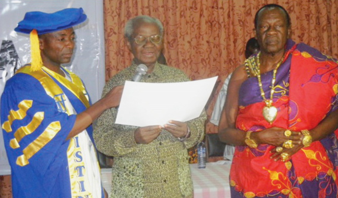 Emeritus Professor Nketia reading the citation on the occasion of the conferment of the Distinguished Fellow (DF) Award on Daasebre Oti Boateng (right) by the Distinguished Scholars of Africa in December 2013. Emeritus Professor Nketia reading the citation on the occasion of the conferment of the Distinguished Fellow (DF) Award on Daasebre Oti Boateng (right) by the Distinguished Scholars of Africa in December 2013.