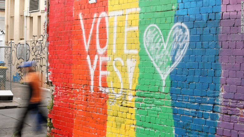 A wall painted with the rainbow flag and a message "Vote Yes" is seen in Newtown on August 28, 2017 in Sydney, Australia. A wall painted with the rainbow flag and a message "Vote Yes" is seen in Newtown on August 28, 2017 in Sydney, Australia.