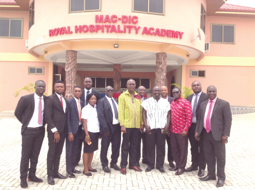 The CEO of the Mac-Dic Royal Plaza Hotel, Barima Kofi Adjei Twinin (middle in African wear), the Director of the COTVET Competency-based Training Programme, Mr Tetey (4th right), and the Director of the Academy, Dr Joseph Mensah Ansah (3rd right), with the facilitators of the academy The CEO of the Mac-Dic Royal Plaza Hotel, Barima Kofi Adjei Twinin (middle in African wear), the Director of the COTVET Competency-based Training Programme, Mr Tetey (4th right), and the Director of the Academy, Dr Joseph Mensah Ansah (3rd right), with the facilitators of the academy