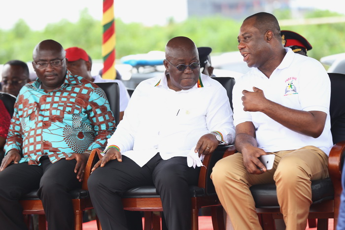 President Akufo-Addo having a word with Dr Matthew Opoku Prempeh (right) while Dr Mahamudu Bawumia looks on President Akufo-Addo having a word with Dr Matthew Opoku Prempeh (right) while Dr Mahamudu Bawumia looks on