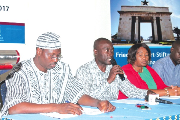 Dr Kennedy Achakoma (2nd left), addressing participants at the conference. With him are Mr Abdul Karim Ouedraogo (left), and Mrs Olga Silimi (3rd left) of Congress of Trade Unions. Picture: Maxwell Ocloo Dr Kennedy Achakoma (2nd left), addressing participants at the conference. With him are Mr Abdul Karim Ouedraogo (left), and Mrs Olga Silimi (3rd left) of Congress of Trade Unions. Picture: Maxwell Ocloo